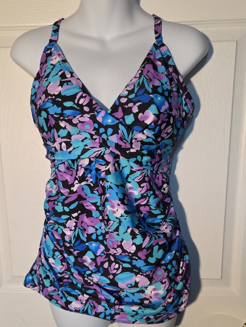 Relleciga Floral V-Neck Tankini Swim Top - Purple & Teal Sz XL NWT